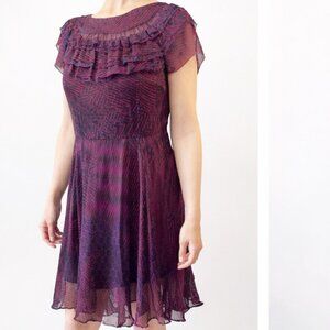 Women’s Red & Purple/Blue Patterned Ruffle-Neck Silk Chiffon Dress